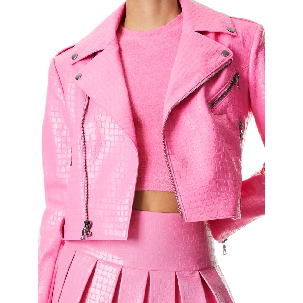 Alice + Olivia Cody Pink Vegan Leather Croc Moto Jacket - Picture 7 of 16